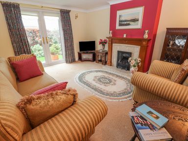 A living room with sofas a fireplace a television and a round rug at Bryn Offa cottage in Holywell