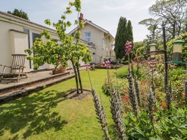 A garden with grass, flowering plants, small tree, wooden chairs, and a house in the background at Bryn Offa cottage in Holywell