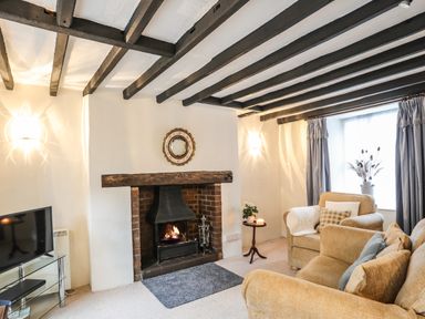 A living room with a fireplace armchairs a television and a window with curtains at Bwthyn Dwyfor in Beaumaris