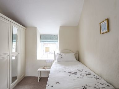 A bedroom with a single bed a bedside table and a wardrobe at Bwthyn Dwyfor in Beaumaris