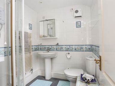 A bathroom with a shower, sink, toilet and decorative tiles at Bwthyn Dwyfor in Beaumaris