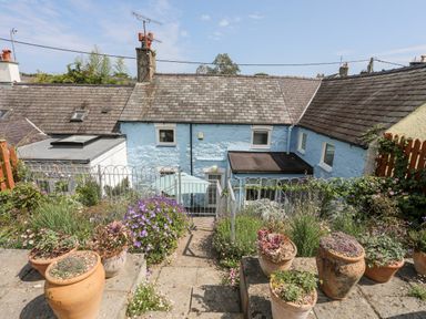 A garden with potted plants and flowers leading to a blue house with a sloped roof at Bwthyn Dwyfor in Beaumaris