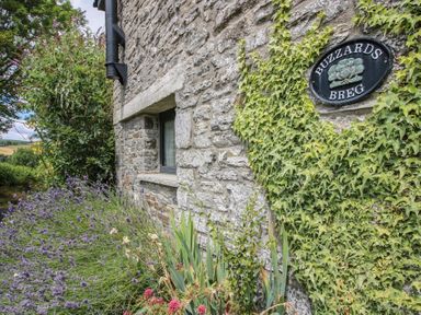 A stone wall with a house sign and plants at Buzzards Breg in Builth Wells