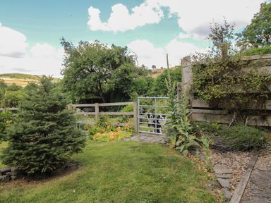 A garden with a gate and trees at Buzzards Breg in Builth Wells