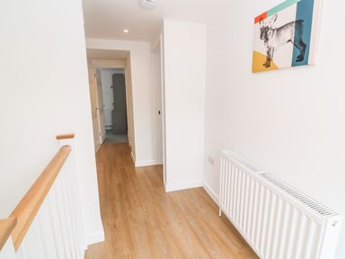 A hallway with wooden flooring a white radiator a dog picture on the wall and a railing at Rose Bank Cottage in St Just