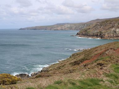 A coastal landscape with grassy cliffs overlooking the sea at Rose Bank Cottage in St Just