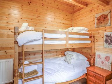 A wooden bunk bed with white bedding and animal paintings on the walls at Buttercup Lodge in Theberton near Leiston