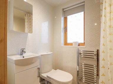 A bathroom with a sink, toilet, mirror, window, towel rack, and shower curtain at Buttercup Lodge in Theberton near Leiston