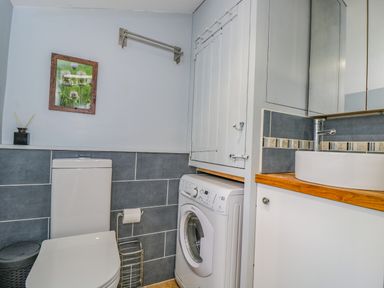 A bathroom with a toilet washing machine sink and cabinet at Fox Den Cottage in Castle Combe