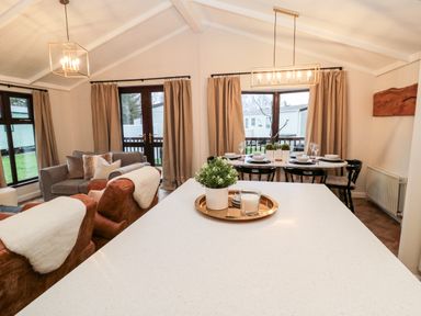 An open plan living and dining area with a kitchen island featuring a plant and candle at The Treeline Swarland near Felton