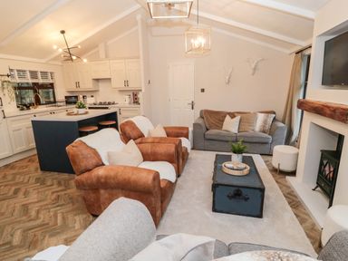An open plan living room and kitchen with leather armchairs a grey sofa a black trunk coffee table and a fireplace at The Treeline in Swarland near Felton