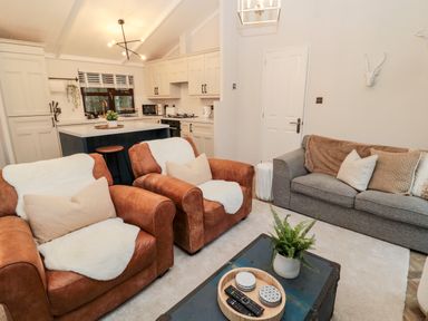 A living room with two brown armchairs and a grey sofa next to a kitchen area at The Treeline in Swarland near Felton