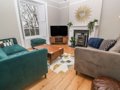 A living room with green and gray sofas a wooden coffee table a television on a wooden stand a fireplace with plants and a sunburst mirror above it at Belmont in Newlyn