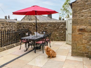A patio with a dining table and chairs under a red umbrella with a dog sitting nearby at The Vault House in Bellingham
