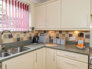 A kitchen corner with a sink kettle bread containers spice jars and a bowl of fruit at Primrose Cottage in Ambleside