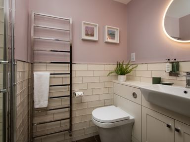 A bathroom with a toilet, towel rack, sink, mirror, and two framed pictures at Owl Cottage in Morpeth