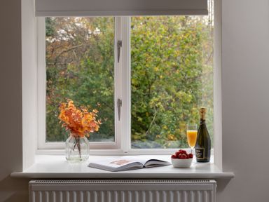 A window sill with a vase of orange flowers an open book a bowl of strawberries a glass of orange juice and a bottle of prosecco at Hebog in Beddgelert