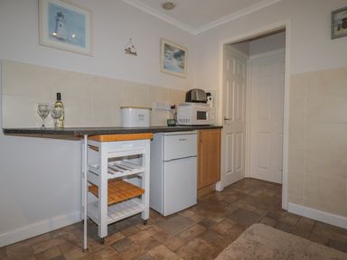 A kitchen with a small refrigerator a microwave toaster a bread bin bottle of wine and two wine glasses at Merryfield Lodge Rosecraddoc near Liskeard