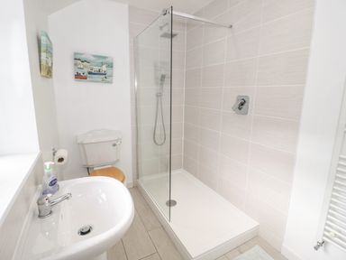 A bathroom with a sink toilet shower and wall paintings at 3 St Davids Place in Llandudno