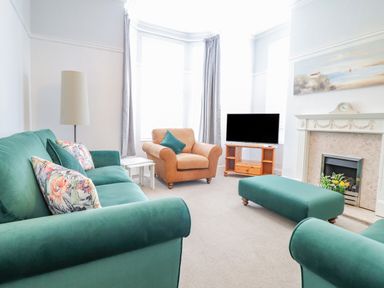 A living room with green sofas a brown armchair a television on a wooden stand and a fireplace at 24 Cadnant Park in Conwy