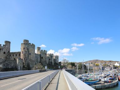 A castle beside a road and a marina with boats at 24 Cadnant Park in Conwy