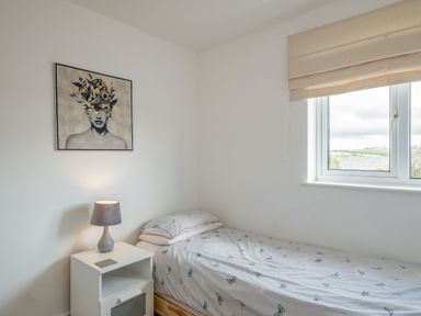A bedroom with a single bed and butterfly bedspread beside a window and nightstand with a lamp at Shrimper's Cottage in Tredrizzick near St Minver