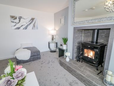 A living room with a fireplace a gray chaise lounge a side table with a lamp and plants at SJs Cottage in Castlerock