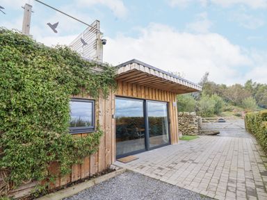 A wooden building with a glass sliding door and a window partially covered with greenery at Hilltop Lodge in Corwen