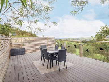 An outdoor deck with a table and six chairs and glass railing with bird decals at Hilltop Lodge in Corwen