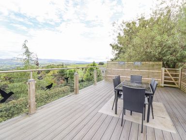 An outdoor wooden deck with glass railing birds silhouettes table and chairs and greenery at Hilltop Lodge in Corwen