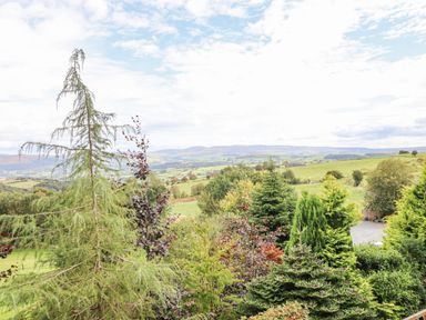 A landscape view of trees and green fields with hills in the background at Hilltop Lodge in Corwen