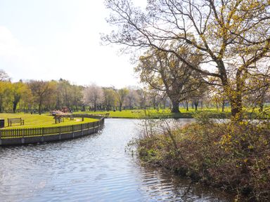 A pond with a wooden fence surrounded by trees and benches in a park