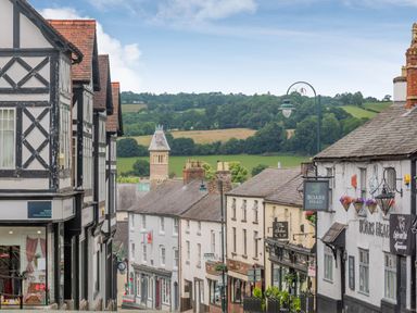 A street with shops and traditional buildings with hills in the background at Dove Cottage in Ruthin