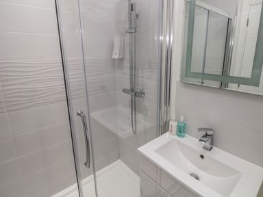 A bathroom with a shower enclosure and a white sink with soap dispensers at Teifi Villa in St Dogmaels