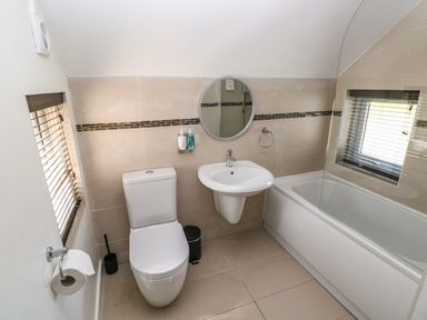 A bathroom with a toilet sink bathtub mirror and two windows at Teifi Villa in St Dogmaels