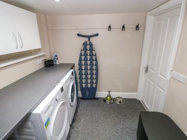 A laundry room with a washing machine and dryer an ironing board hanging on the wall iron on the counter and pet food bowls on the floor at Teifi Villa in St Dogmaels