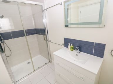 A bathroom with a shower and sink at Teifi Villa St Dogmaels