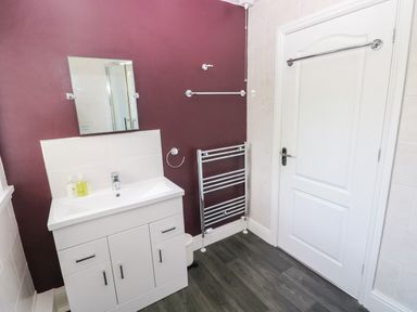 A bathroom with a sink and mirror at Teifi Villa in St Dogmaels