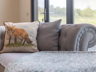 A grey sofa with two cushions including one with a fox print and a blanket in front of a window with blinds at Foxes Den in Allerston near Thornton Dale