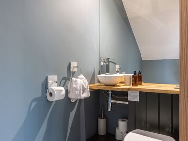 A bathroom with a sink on wooden countertop and toilet paper rolls at Foxes Den in Allerston near Thornton Dale