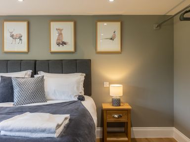 A bedroom with a bed pillows a bedside table with a lamp and animal pictures on the wall at Eagles Peak in Allerton near Thornton-Le-Dale