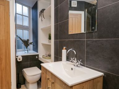 A bathroom with a toilet a sink with a faucet a mirror shelves with towels and plants at Dixon Court in Ambleside