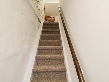 A carpeted staircase with a wooden handrail and a wicker chair at the top at Dixon Court in Ambleside