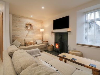 A living room with beige sofas a wooden coffee table a wood stove under a wall mounted TV and a window seat at Dixon Court in Ambleside