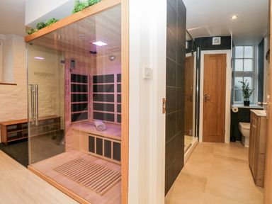 A bathroom with a shower, toilet, sink, and a wooden sauna with glass doors at Dixon Court Ambleside