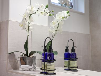 A bathroom shelf with a white orchid plant in a glass pot and two blue bottles with pumps at Hideaway Lodge in Runswick Bay
