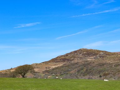 A grassy field with sheep and trees in front of a rocky hill under a blue sky at Hen Beudy in Porthmadog