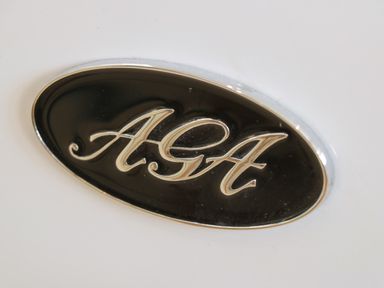 An oval metallic badge with the word Asht on a white surface