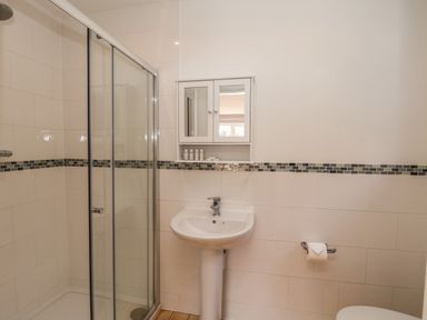 A bathroom with a shower enclosure a pedestal sink a mirrored cabinet and a toilet paper holder at Rose Cottage in Faceby near Swainby