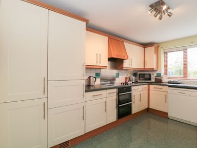 A kitchen with cupboards an electric stove a microwave kettle and dishwasher at Morgan House in Middlezoy